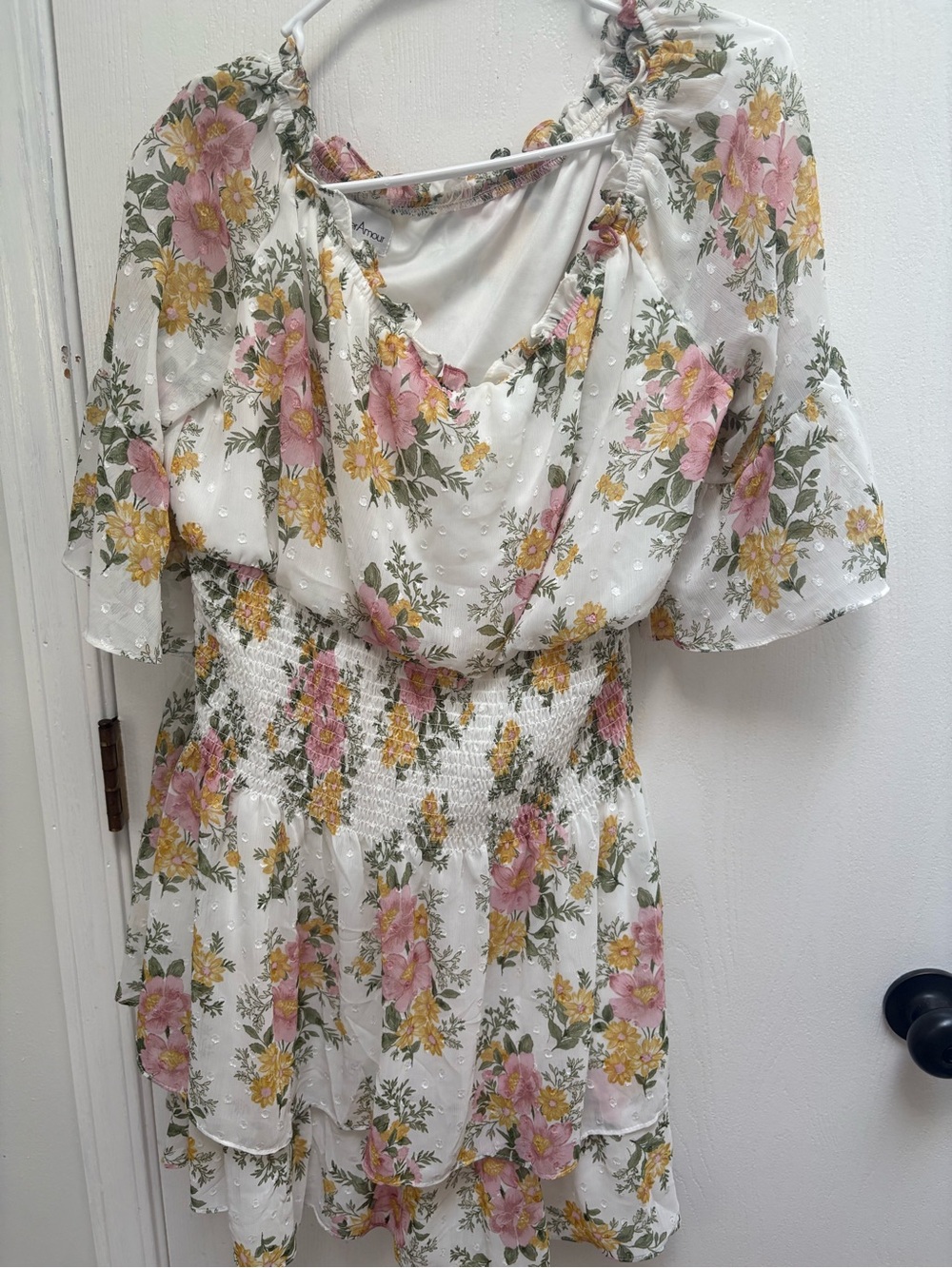 White Floral Smocked-Waist Dress with Pink & Yellow Blooms